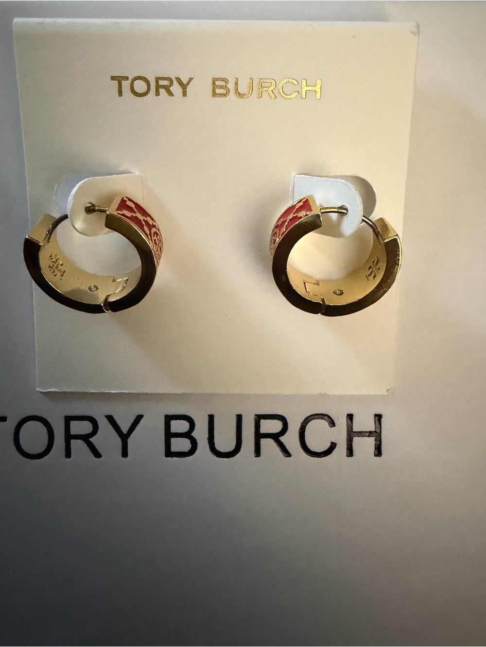 Tory Burch Gold Hoop Earrings with Red Enamel Trim